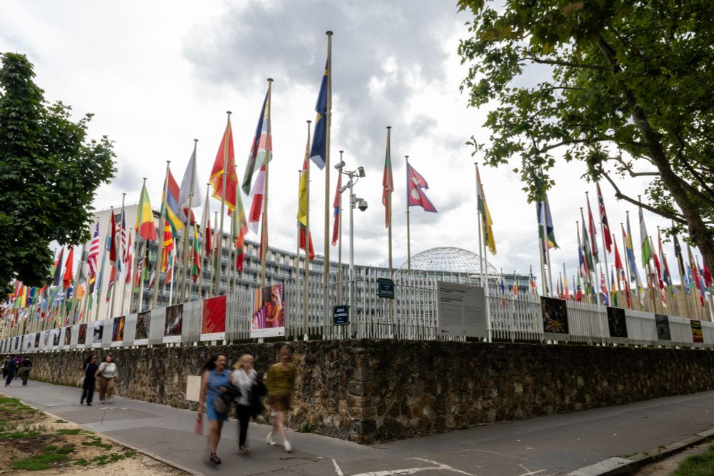 Siège de l'UNESCO à Paris où sont accrochés les drapeaux de tous les États membres. Présent sur la photo, le drapeau des États-Unis est dorénavant absent. 

©AFP - Hugo MATHY
