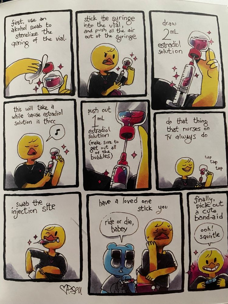 One page comic from Fanlee and Spätzle Make Something Perfect by Pseudonym Jones. Spätzle is doing the described things. Panel 1: “first, use an alcohol swab to sterilize the opening of the vial.” Panel 2: “stick the syringe into the vial and push all the air out of the syringe.” Panel 3: “draw 2mL estradiol Solution.” Panel 4: “this will take a while 'cause estradiol solution is thicc” (this is very true) Panel 5: “pust out 1mL estradiol solution (make sure to get out all of the bubbles).” Panel 6: “do that thing that nurses on TV always do (tap tap tap).” Panel 7: “swab the injection site.” Panel 8: “have a loved one stick you.” Fanlee: “Ride or die, babey.” Panel 9: “finally, pick out a cute band-aid.” Spätzle: “ooh! Squirtle.”