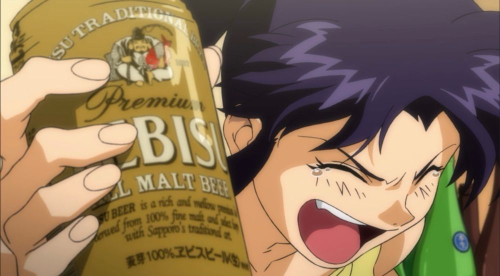 Misato enjoys a cold Yebisu. 