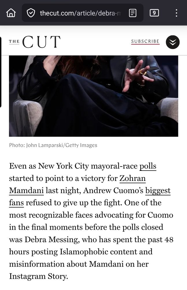 Screengrab from the cut citing Debra Messing posting a bunch of islamophobic stuff about Mayor Mamdani