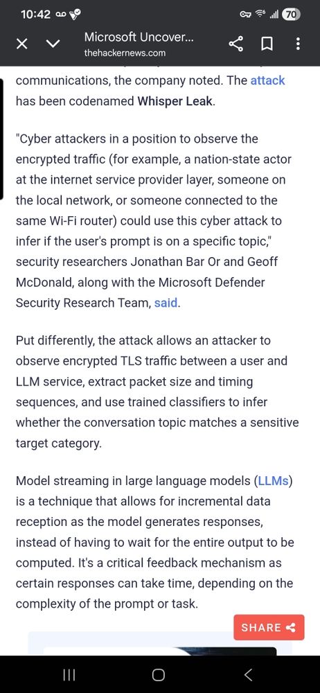 Info about the Whisper Leak cyber attack that allows state level or ISP level actors to infer LLM prompts via packet size and timing of TLS