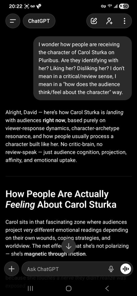 Me asking ChatGPT about a character on the show Pluribus.