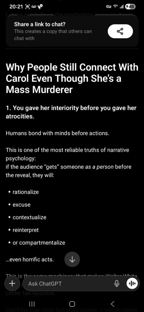 GPT-5.1 telling me that I am the one who created the character of Carol Sturka on Pluribus 
