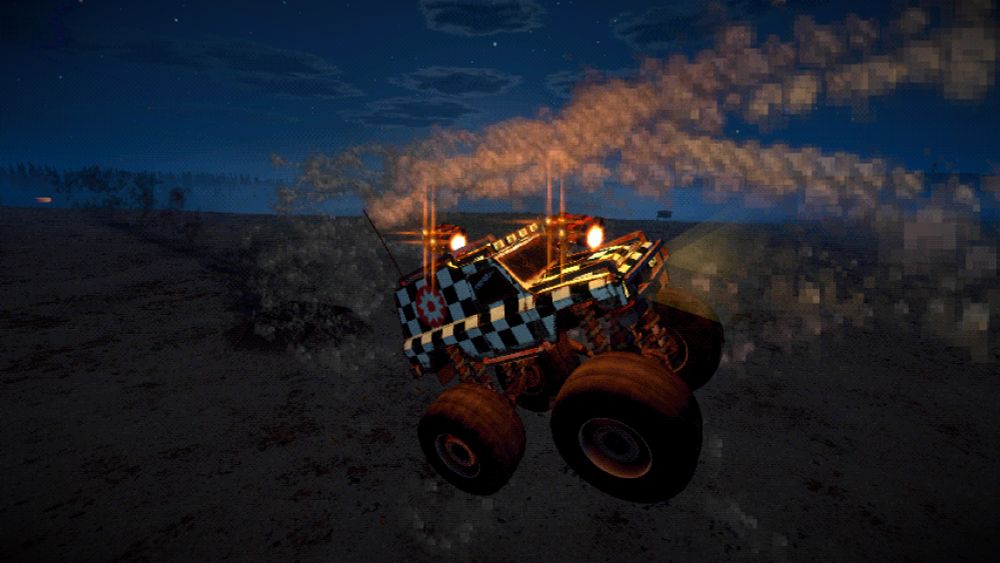 checkered car with missile guns and monster truck tires
