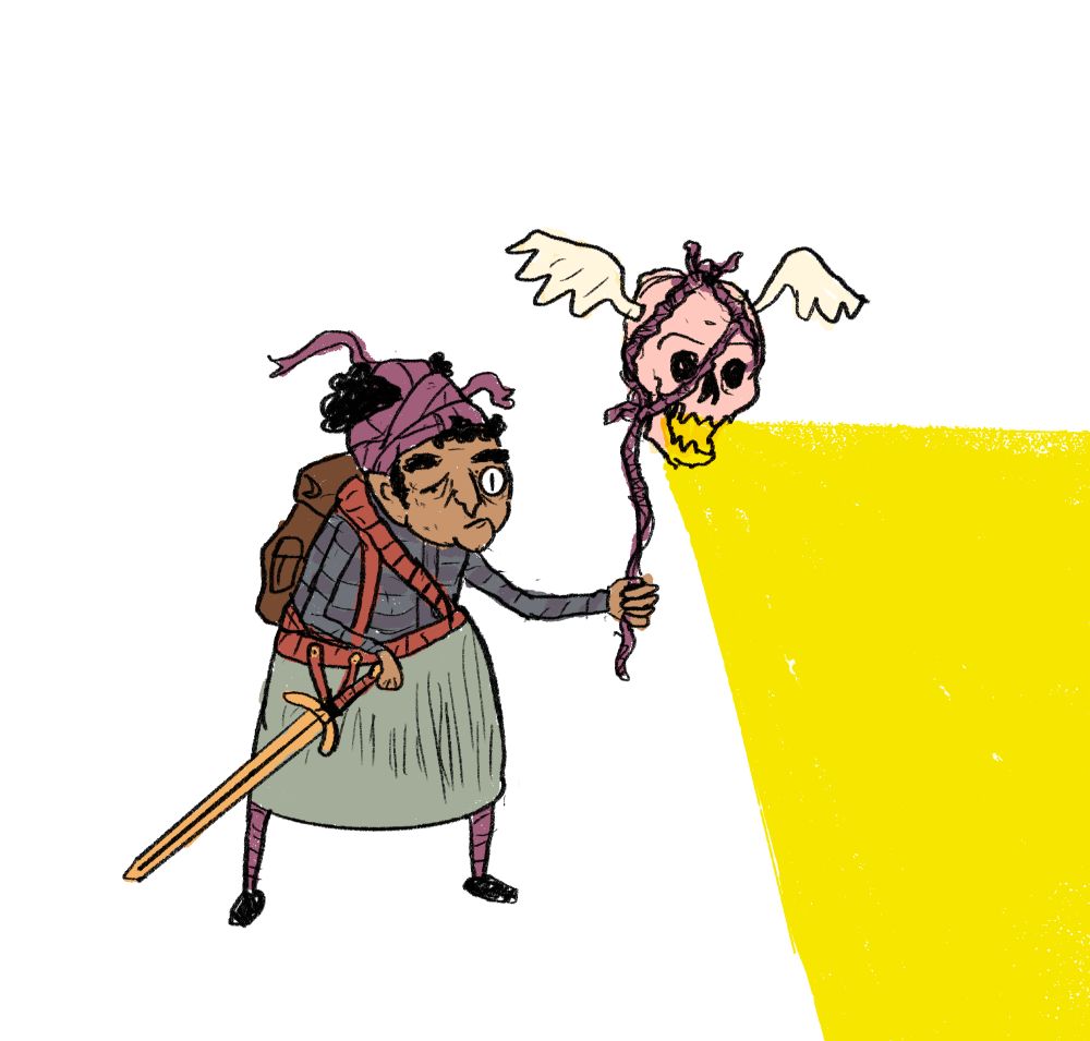 elderly adventurer lady with sword, holding a rope tied to a flying skull shooting light from its mouth