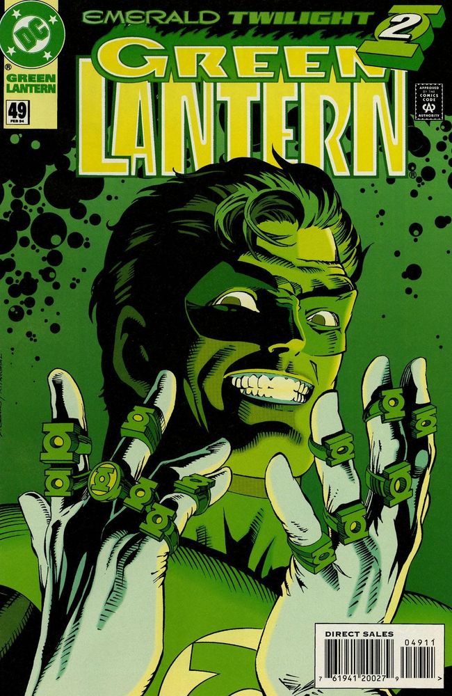 Cover of Green Lantern #49, showing an evil grinning Hal Jordan with numerous Green Lantern rings on his fingers, which he holds up just below his face.
