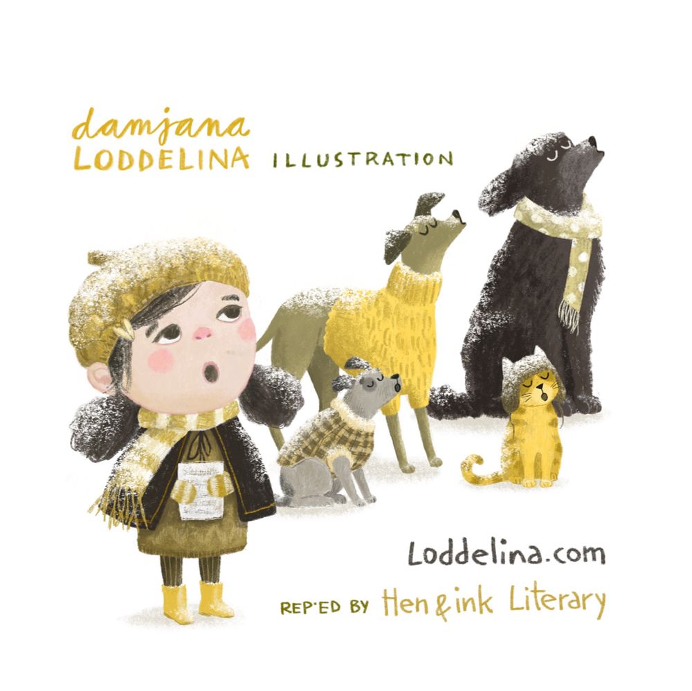 Children's illustration of a girl singing carols in the snow, accompanied by dogs and a cat.