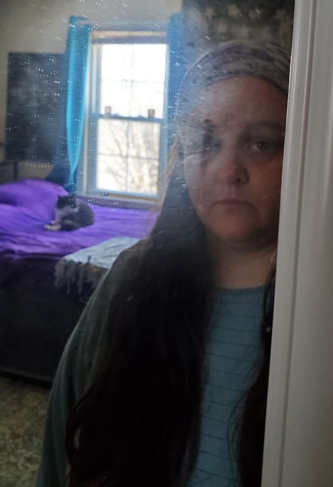 It's just my stupid face. And my cat behind me on a bed and he's in front of the window with the striking blue curtains pulled back contrasting the purple of the soft bed cover within the sun filled window you can see the limbs of a large tree beyond.