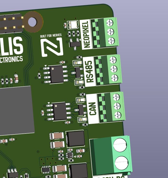 Screenshot of a 3D render of a PCB designed with KiCad. The board features a number of chips, and some green screw terminal connectors on the edge. They are labeled "NeoPixel", "RS485", and "CAN"