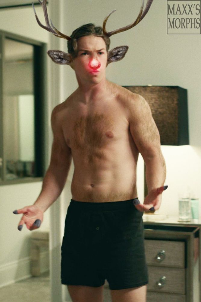 A confused man is turning into Rudolph the Red-Nosed Reindeer, with a shiny red nose, reindeer antlers, and fluffy ears. He has grown in a dusting of fur and his fingers have begun to merge into hooves.