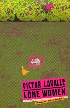 A woman, in silhouette, crosses the plains, fleeing from a small white spooky home. There are pink trees around the home.