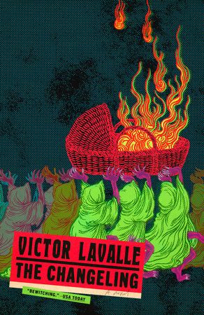 Three little goblins in green robes carry a baby basket that is filled with fire.