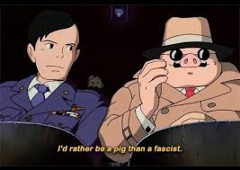 A still from the animated film, Porco Rosso, directed by Japanese filmmaker Hayao Miyazaki. 

In this shot Porco Rosso, a pig on a rain coat, hat and sunglasses sits next to a military officer from the Italian facist army.