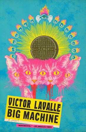 Multiple pink cats heads float below a manhole cover from a sewer. The manhole cover is sprouting ostrich feathers. The feathers all have a flouting eye in them. This is my weirdest book and the image is a great illustration of that weirdness.