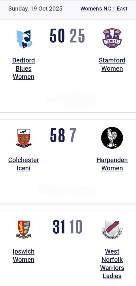 Sunday 19 October 2025.
Women's NC 1 East.
Bedford Blues Women 50
Stamford Women 25.

Colchester Iceni 58
Harpenden Women 7.

Ipswich Women 31
West Norfolk Warriors 10.