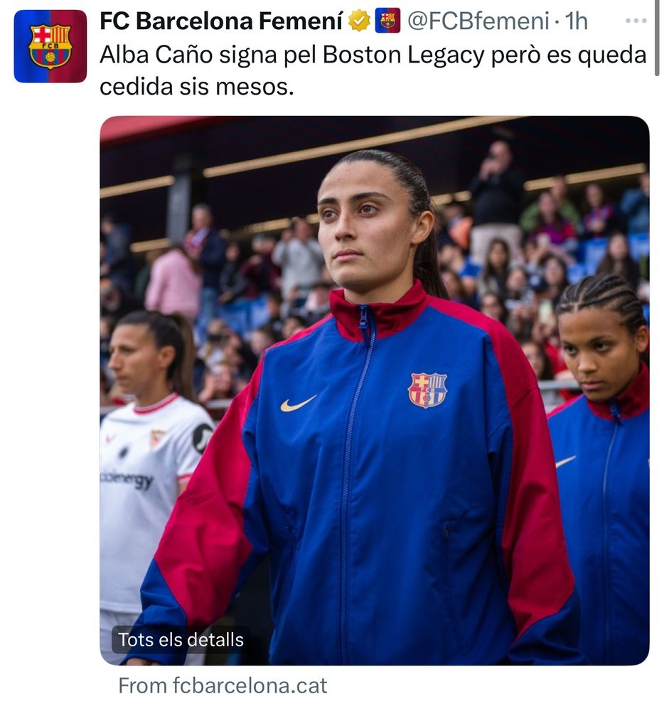 A screenshot of a Barcelona tweet

TEXT: Alba Caño signa pel Boston Legacy però es queda cedida sis mesos.