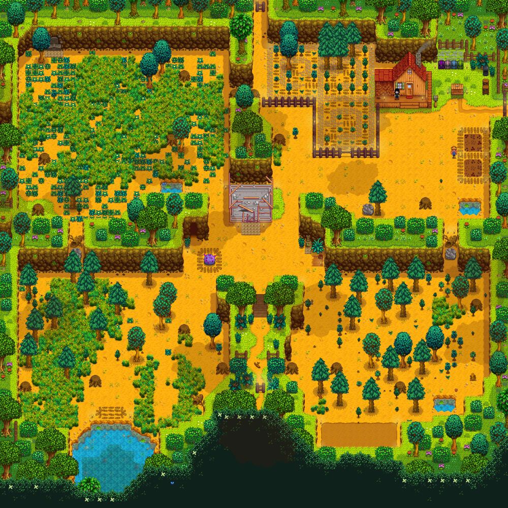 screenshot of the four corners farm on stardew valley, during summer. it is green and mostly trees, with a tiny section dedicated to farming on the right side.