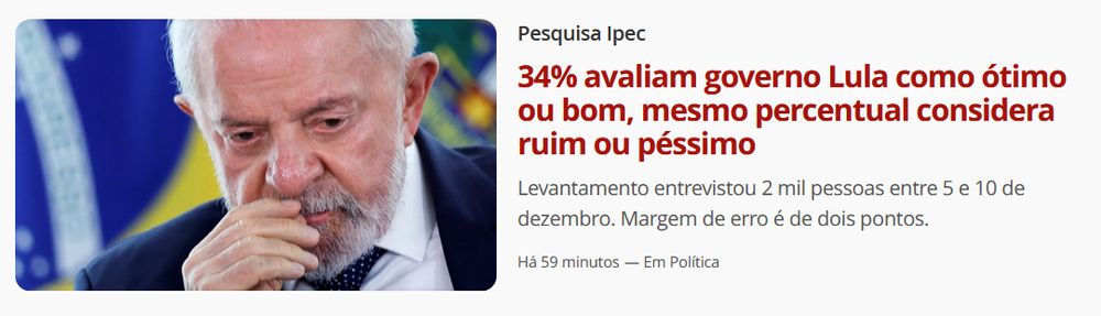 manchete do g1: "34% avaliam governo lula como ótimo ou bom, mesmo percentual considera ruim ou péssimo"