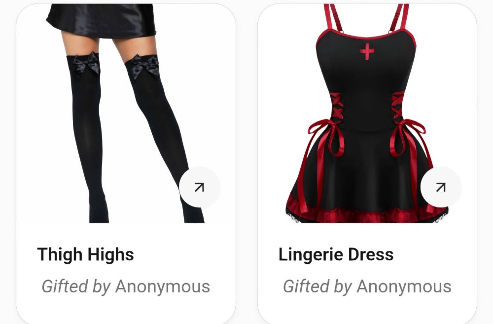 A screenshot of gifts, gifted through throne. On the left are black thigh highs with bows on the top. On the right is a black lingerie dress, with red lace-up sides, and a red cross in the middle, reminiscent of a nurse dress. Gifted by anonymous. 