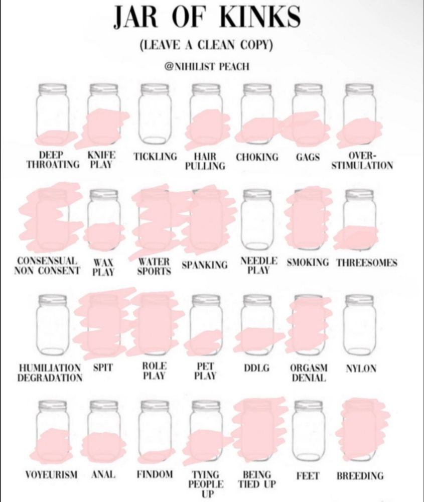 Multiple jars of kinks. The most filled ones being, consentual non consent, water sports, spanking, smoking, spit, role play, orgasm denial, being tied up and breeding. There are some jars half full, which is knife play, hair pulling, choking, gags, overstimulation, wax play, threesomes, pet play, ddlg, voyeurism, anal, and tying people up. There are some jars quarter full, which are, deep throating, and findom.