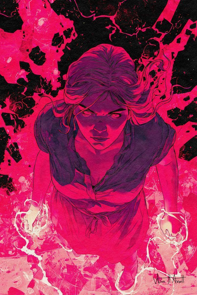 An illustration of a young woman in a dress seen from above and looking up at the viewer with glowing eyes. She is illuminated in heavy contrast between shadows and shades of bursting red light emanating from her. Electric arcs of neon pink energy spark from her lowered hands.