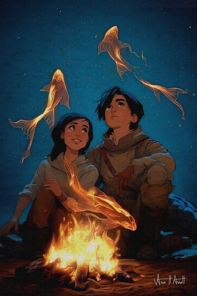 A fantasy illustration of a young woman and man sitting near a small campfire. Three elemental, translucent Firefish swirl around them, the spirits swimming through the air under a star filled sky. One dips into the campfire flames between the pair as the young man, sitting on one knee, looks up at the elementals above their heads in wonder. The young woman, one hand holding her knees, smiles looking at him amused while beginning to lean-in closer.