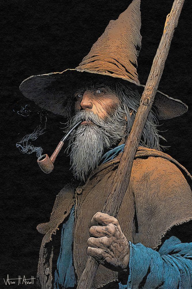 A fantasy illustration of a gray-bearded wizard, smoking a long-stemmed pipe and wearing rustic traveler’s clothes. His expression is weary under a tall, wide brimmed pointy hat while he holds a quarterstaff.