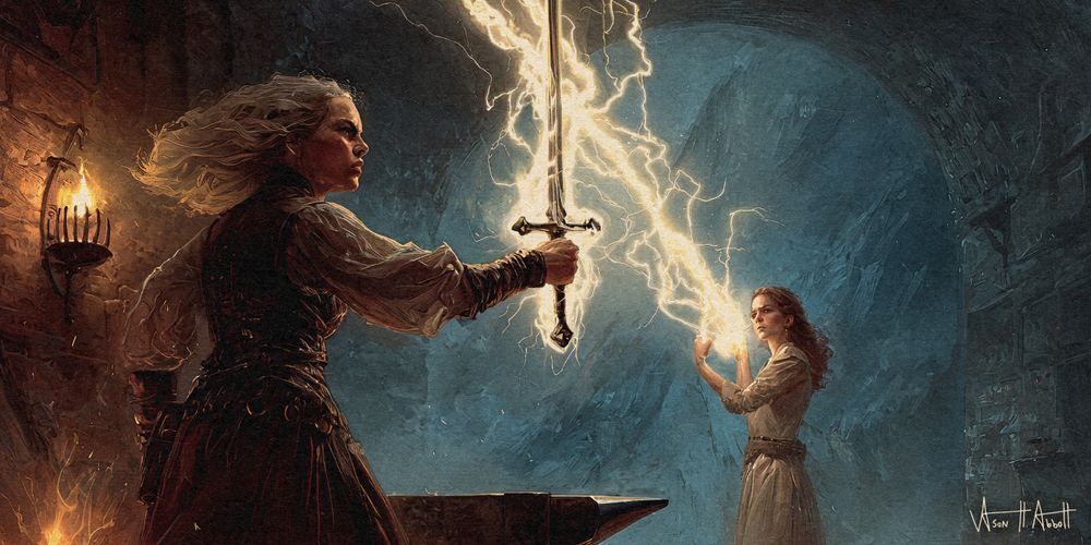A fantasy illustration of a middle-aged blacksmithing woman holding up a newly crafted sword above her anvil with one hand. Her expression is serious, and hair blown back as another, equally serious, woman several paces away summons magical lightning from her hands that arcs into the blade. The sword glows and sparks as it becomes enchanted.