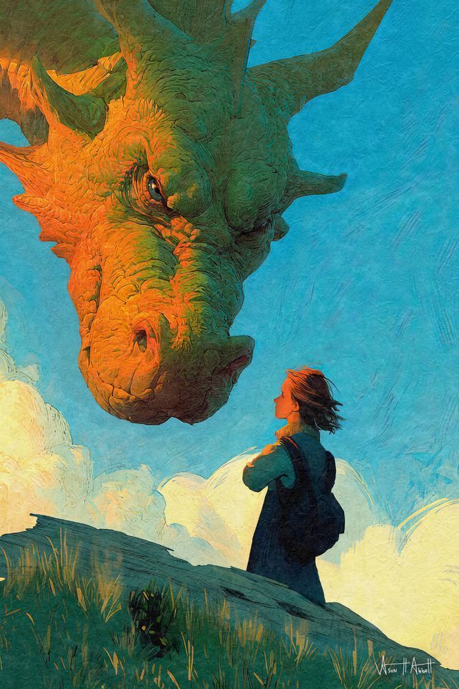 A fantasy illustration of an adolescent schoolgirl with her arms crossed. Her back to the viewer, she looks up at an enormous dragon, only his head and neck in the frame, who gazes back at her with a kind expression. She stands on a hilltop as twilight spreads its hues upon them both.