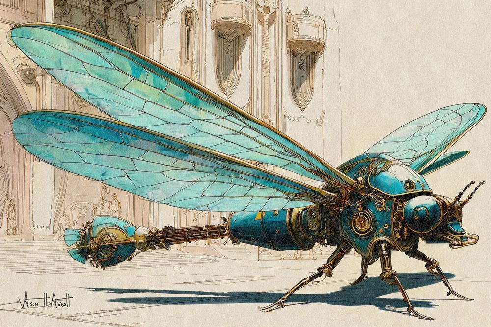A science fiction-fantasy illustration of a landed, dragonfly-shaped ornithopter vehicle outside a tall palatial entrance in the background.