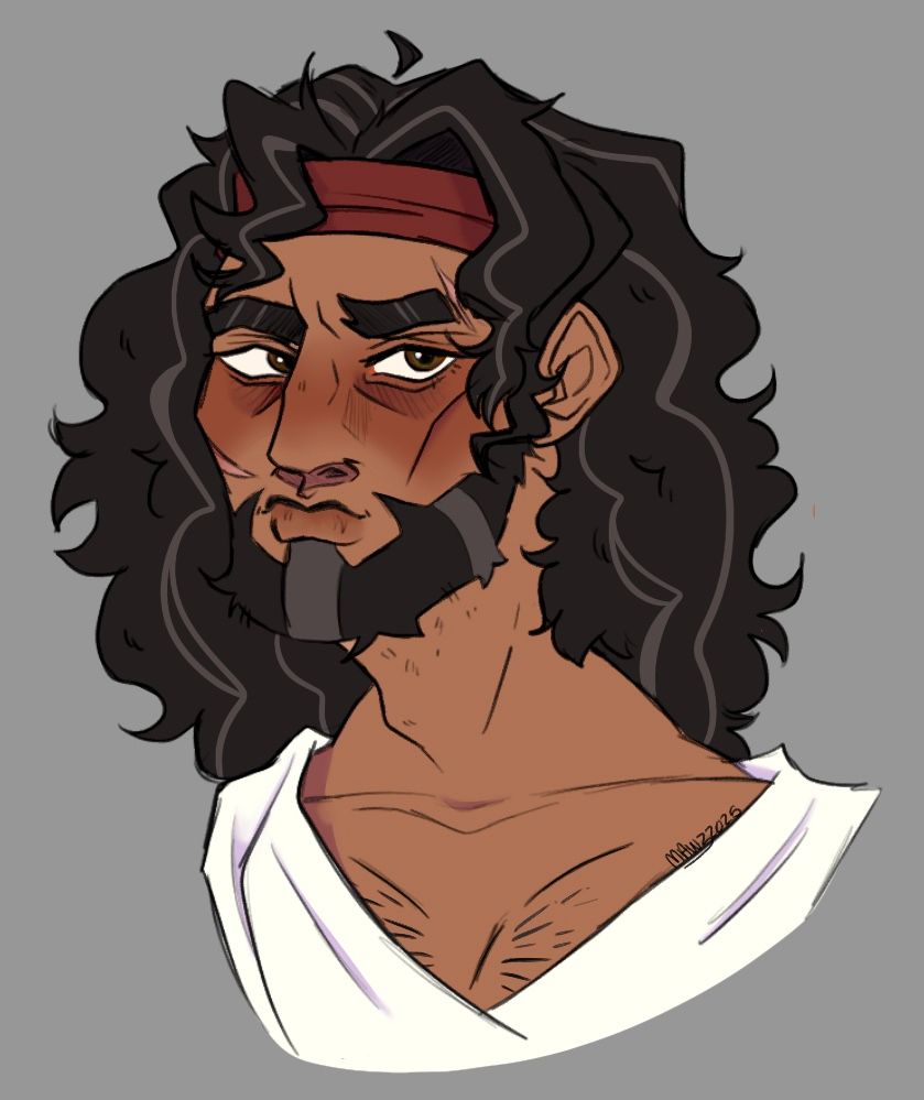 Odysseus - fluffy dark hair with grey streaks, brown eyes with green central heterochromia, tanned skin with scars on left eyebrow and right cheek, full beard.