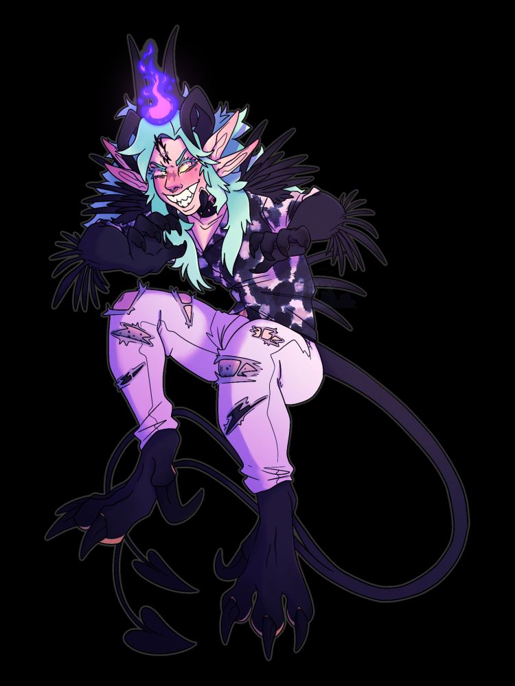 Chimera-esque guy making grabby hands and smiling mischievously.