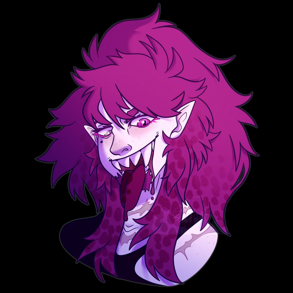 Pale guy with bright magenta hair sticking tongue out playfully.