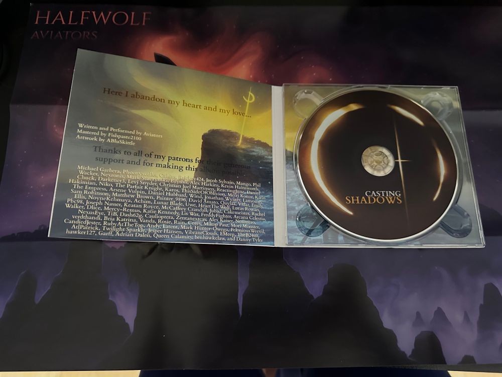 The inside of the CD case, to the left are the list of all Patrons who support the artist. And on the left is the CD which is titled Casting Shadows by Aviators