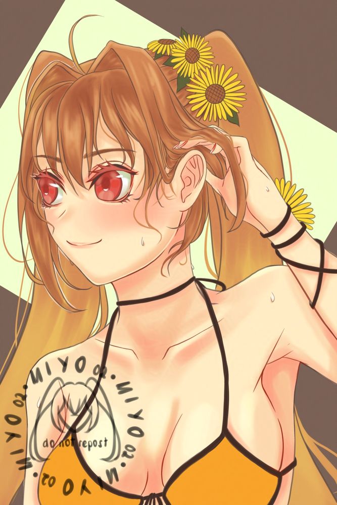 Fanart of Estelle Bright in her swimsuit skin DLC from Trails in the Sky 1st Chapter. She is looking towards her right while smiling, with her left hand tucking her hair behind her ear. There are droplets of water on her body after being splashed. The skin has her wear sunflower accessories as hairties and bracelets.