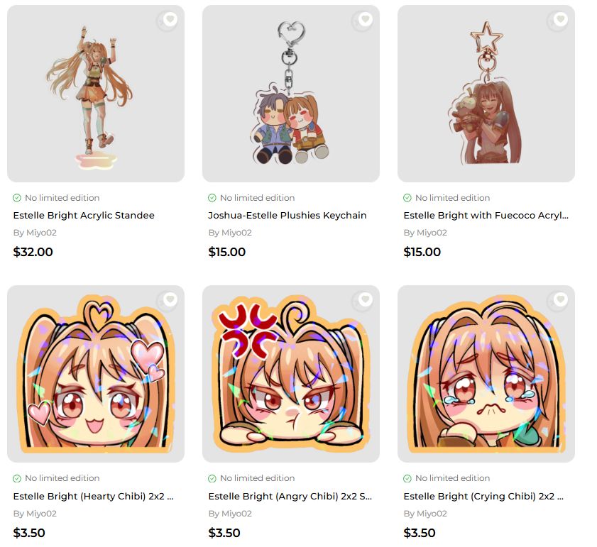 Screenshot of some of my ACG Goods merch showing a standee of Estelle Bright, a Joshtelle keychain, an Estelle and Fuecoco keychain, and 3 chibi Estelle stickers