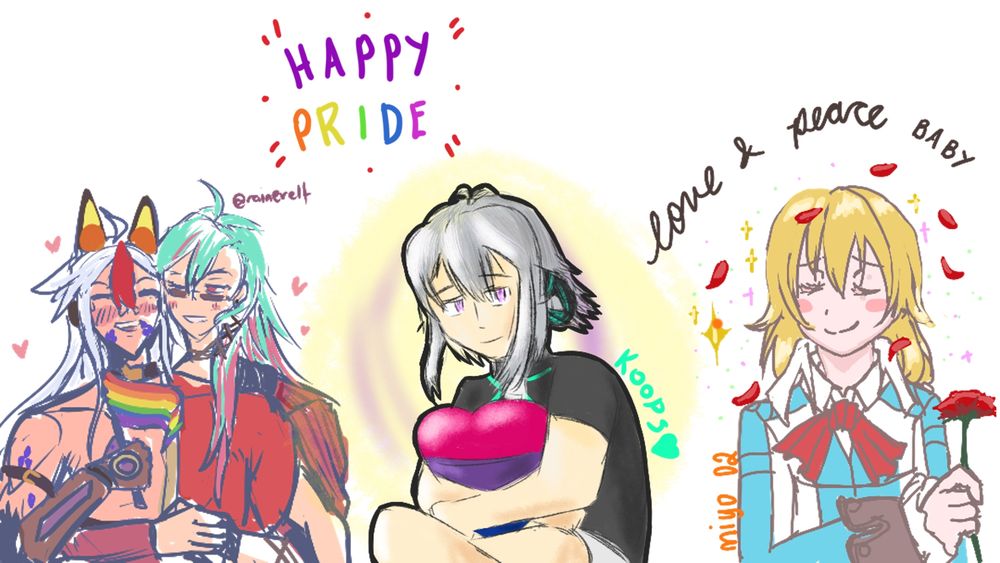A doodle page with fellow Trails artists to celebrate Pride Month. From left ito right s Yoru (OC) with McBurn, Quatre, and Olivier. Text written above says "Happy Pride" while above Olivier is "love & peace, baby"