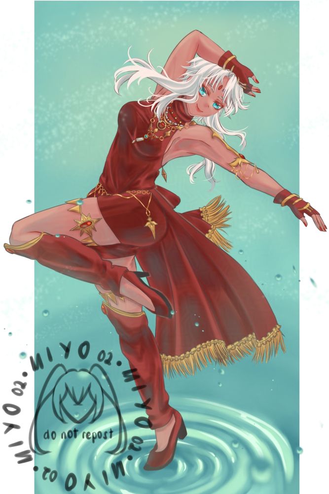Fanart of Schera Harvey from Trails wearing the dancer outfit from Final Fantasy 14. Her right arm is above her head while she is stretching her left arm downwards. Her left leg is raised while she is tiptoeing on rippling waters. There are water droplets surrounding her.