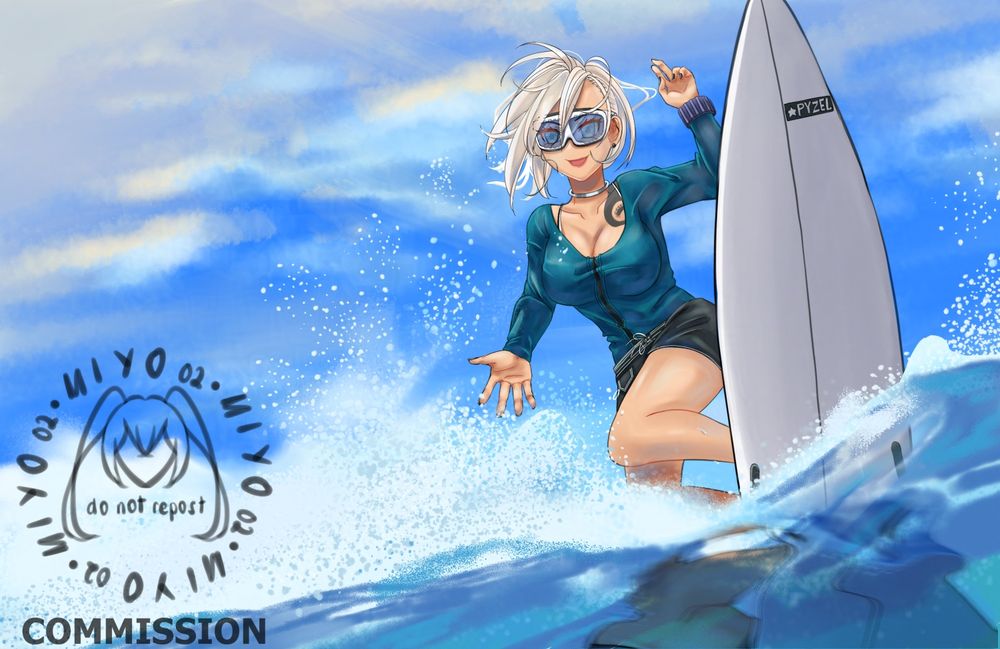 Full-body illustration of Erica (@jseanharrison.bsky.social's OC) surfing with the waves. The illustration includes a bright blue sky with light clouds and water splashing beneath her surfboard while also showing a bit of her reflection. She is wearing a blue rash guard and special glasses with blue lens.