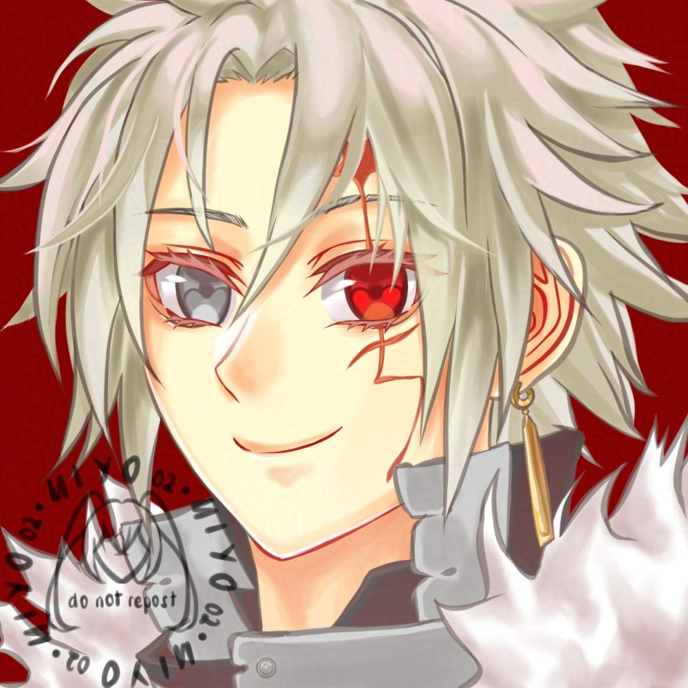 Headshot fanart of Allen Walker from D.Gray-Man on red background. He is smiling while Crown Clown is activated. He is wearing the second design of the Black Order uniform.