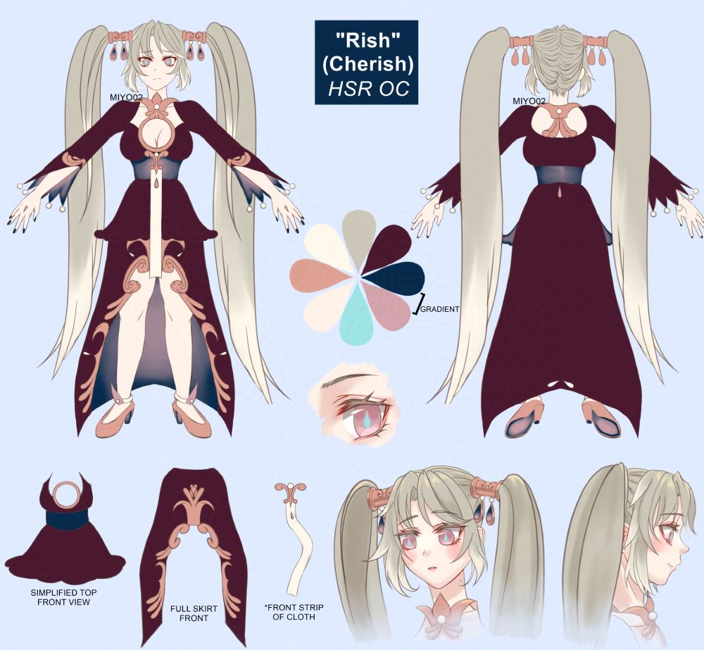 Character sheet of my Honkai: Star Rail OC named Cherish but she goes by "Rish." She has a gray twintail hairstyle that reaches her ankles and a blackberry-colored dress. The character sheet features her front and back full-body, her color palette, a front and sideview headshot, and some details of her clothing.