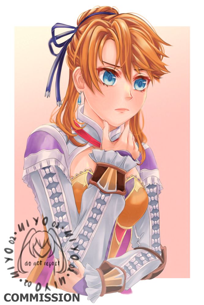 A half-body fanart of Laxia von Roswell from Ys VIII. Her right hand is under her chin on a thinking pose, while her other hand is supporting her elbow. She has orange hair tied into a bun with a blue ribbon and she has blue eyes.