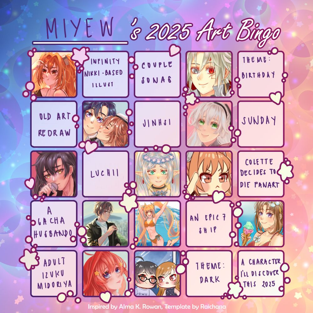 My 2025 art bingo progress for June. Completed two boxes this month which is an Allen Walker drawing and my Luchii and Kei OC art