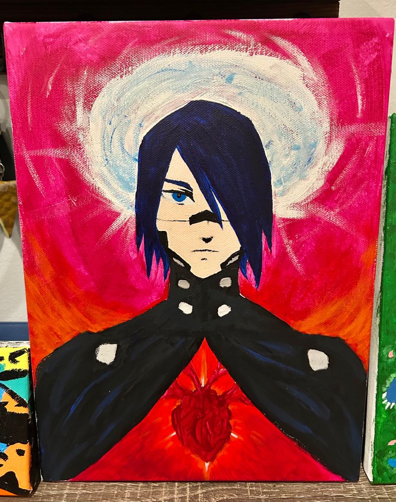 A painting of Elster, the protagonist of the video game Signalis. The red triangle on her chest has been reimagined as an open wound displaying her glowing heart, and her head is surrounded by a swirling halo of bluish-white light.