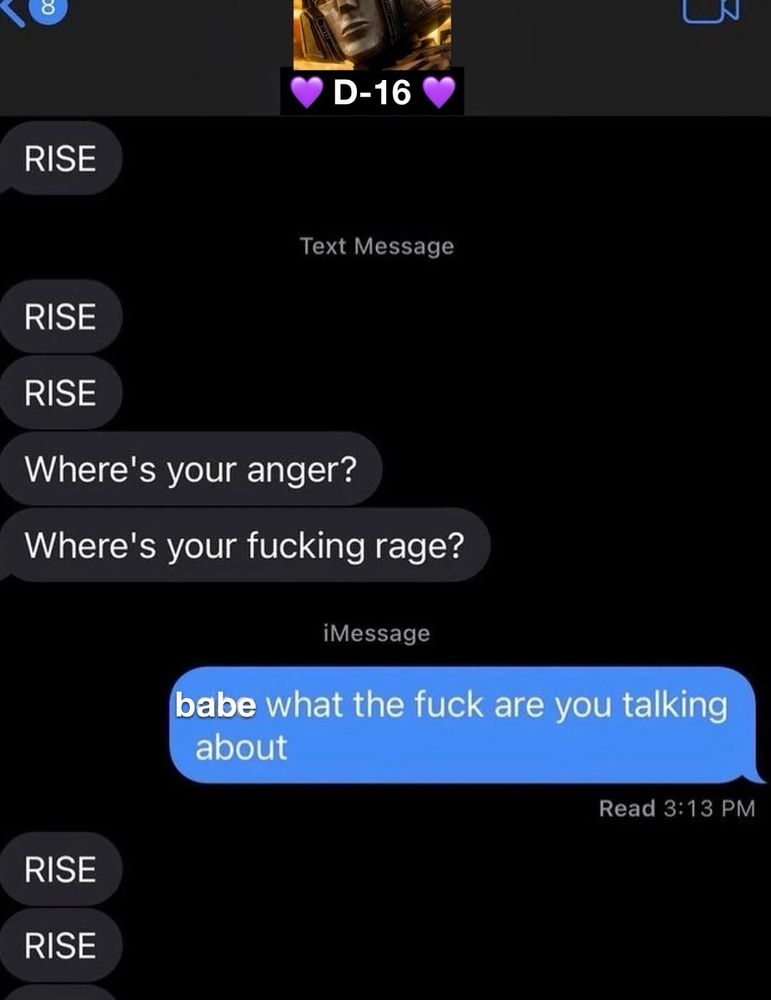A screenshot of a text conversation between D-16 (whose contact name is flanked by heart emojis) and Orion Pax. D-16 repeatedly texts “RISE”, followed by “Where’s your anger?” and “Where’s your fucking rage?” Orion texts back: “babe what the fuck are you talking about” and D-16 immediately starts texting “RISE” again