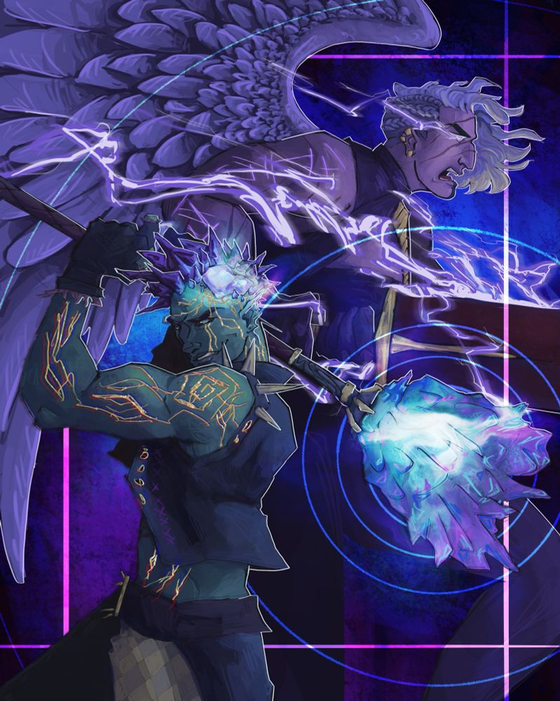 An image of Ashton Greymoore and Yasha Nydoorin from Critical Role. Ashton is swinging a glowing crystal hammer over their shoulder, and Yasha holds her great sword in both hands. Yasha is yelling, with wings spread out behind her, and lightning coming off her sword and out of her eyes. Ashton is smirking, their head glowing and parts of his body look slightly displaced. 