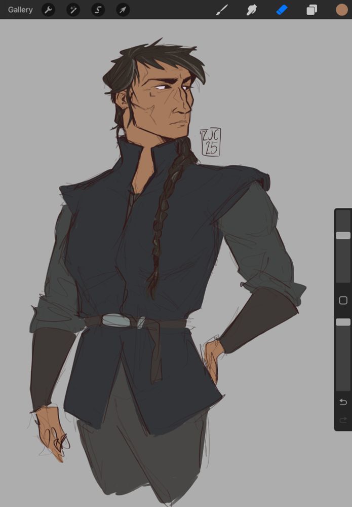 A coloured half body sketch of Cassandra Pentaghast from Dragon Age, older, with longer hair with grey and white streaks through it. 