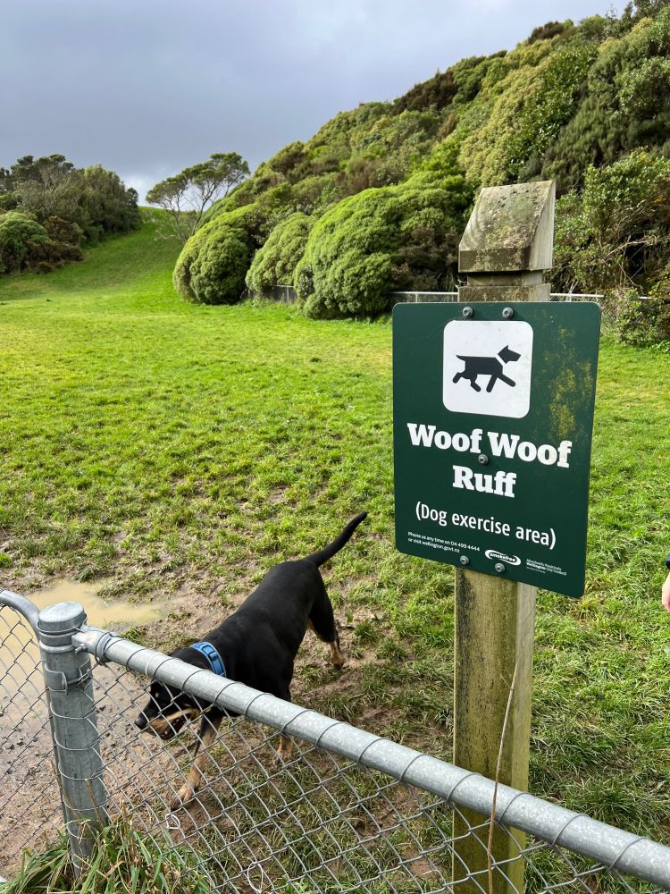 A Wellington dog park sign, with the words “woof woof ruff”