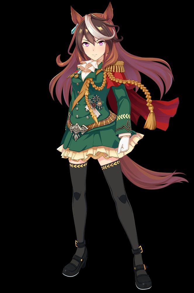An anime horse girl in a green military styled dress