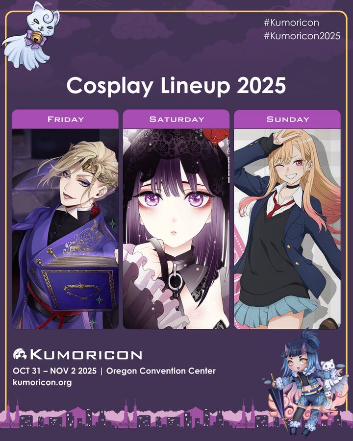 A cosplay lineup graphic showing Vil from Twisted Wonderland on Friday, Shizuku-tan from My Dress Up Darling on Saturday, and Marin from My Dress Up Darling on Sunday